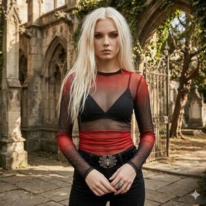 Hot Topic Black and Red Mesh Long Sleeve Top